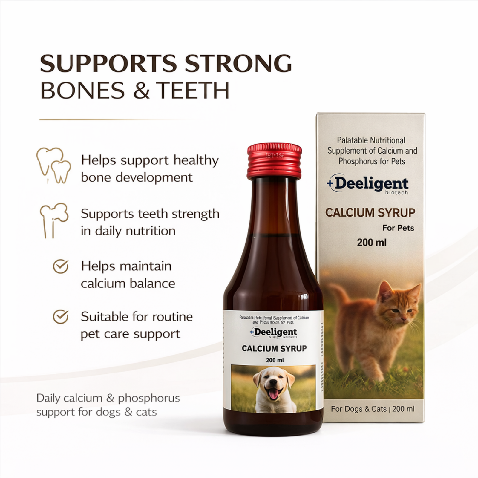 Calcium Syrup for Pets 200ml | Strong Bones & Teeth Supplement with Vitamin D3 & B12 | Liquid Calcium for Dogs, Cats, Puppies & Kittens for Growth & Joint Support - Image 2